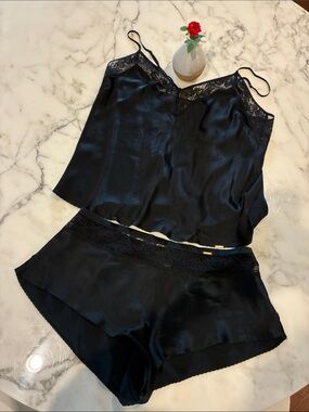 Autograph Black Satin Lace-Trim Cami & Short Sleep Set